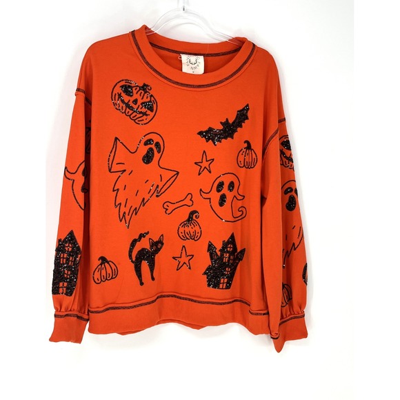 Fantastic Fawn Tops - Fantastic Fawn Size M Orange Halloween Relaxed Sweatshirt Sequin Ghost Pumpkin